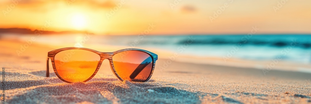 Aufkleber colorful sunglasses resting on sandy beach during sunset with ocean waves in background generative a