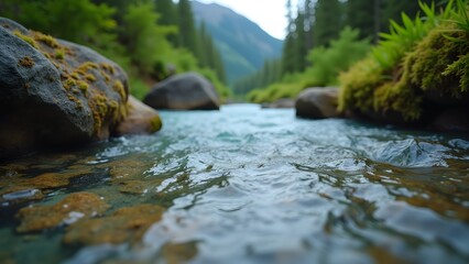 Obraz premium Scenic Mountain River Flowing Through Forest Landscape with Moss Covered Rocks