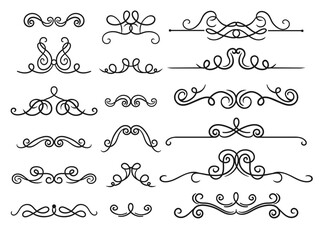 Fototapeta premium Swirl decorative dividers. Vintage twisted elements. Elegant linear ornaments. Calligraphy lines. Retro embellishment. Certificate vignette. Classic flourish graphic. Splendid vector set