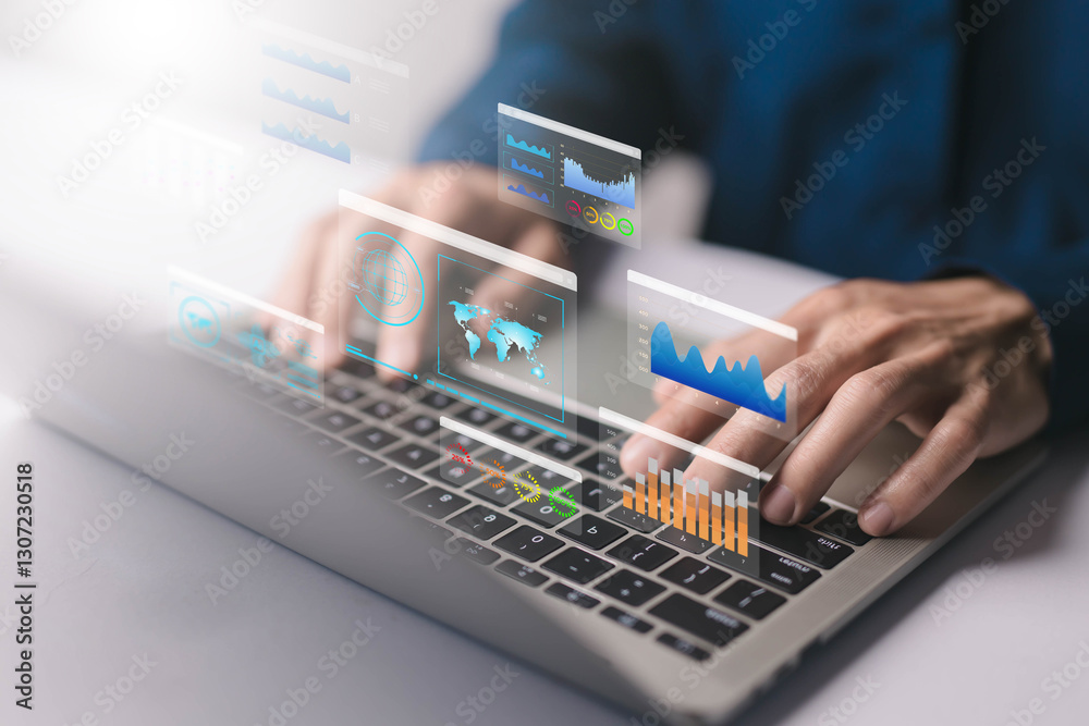 Poster businessman analysis shows a digital dashboard chart of the financial database. concept of business 