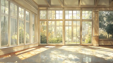 Fototapeta premium Spacious modern living area with large windows and greenery high resolution picture