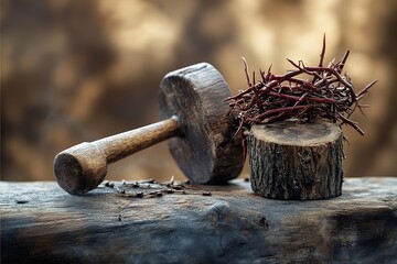 On a light backdrop with room for writing, there is a wooden cross, a crown of thorns, nails, and a hammer. Good Friday idea. Generative Ai