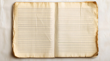 Old ancient book opened with empty pages. A blank lined notebook paper texture with a white background and subtle yellow edges.