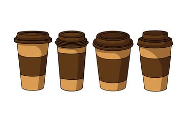 Coffee paper cup, mug mockups, cardboard and plastic package with lids.Realistic elements. Disposable coffee cups, mugs for hot drinks from white, brown and black paper set 