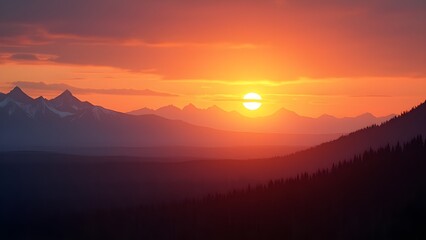 Obraz premium Scenic Mountain Landscape at Sunset with Forest and Snowy Peaks, Tranquil Nature Vista
