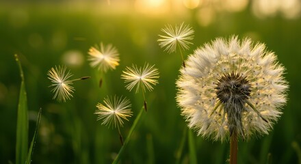 Fototapeta premium Close-up of dandelion seeds drifting in a sunlit green field at sunset