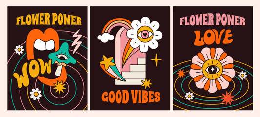 Psychedelic hippie cards. Vintage groovy posters. Bright abstract trip symbols. Good vibes. Surreal acid elements. Mushrooms and rainbows. Arch door ladder. Daisy flower. Garish vector set
