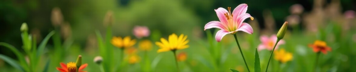 Naklejka premium Light pink lily growing in a lush garden with tall grasses and wildflowers, plants, garden scene, pink lily garden