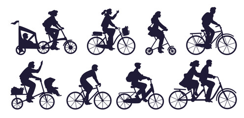 People on bicycles. Man and woman ride on bikes. Bicyclist black silhouettes. City transportation. Cycle stroller trailer for kids. Person baking in park. Cycling friends vector set