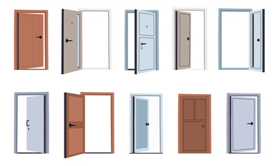 Open and closed doors. Home entrance. Wooden doorway. Apartment entry. Peephole and doorknob. Building facade doorpost. Return and leaving. House exit. Architecture elements vector set