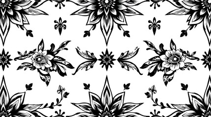 Fototapeta premium Floral Flourish Pattern: An intricate seamless pattern bursts forth with stylized black and white floral arrangements and ornamental accents, offering a captivating design aesthetic.