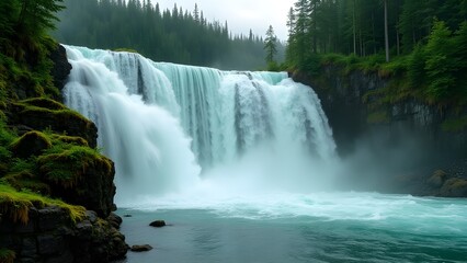 Fototapeta premium Scenic Waterfall Landscape with Lush Forest,Flowing River. Nature's Beauty, Outdoors, Travel