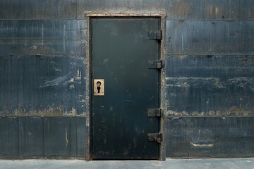 Heavy black door with metal frame against a textured blue wall leads to unknown space
