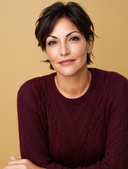 Obraz premium Confident hispanic female adult with short hair in burgundy sweater against yellow background.