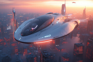 Futuristic spaceship hovering over a sci-fi cityscape at sunset with skyscrapers and drone in the sky
