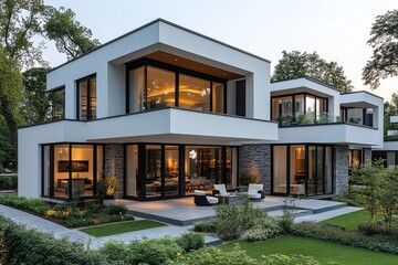 Fototapeta premium Modern minimalist townhouse complex with white walls, black accents, large windows, lush greenery, and trees, located on the east coast of Germany.