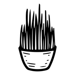 Cat grass. Hand drawn doodle. Pet care. Bowl with healthy kitten food. Vector line art illustration.