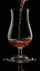 Amber Liquid Pouring into Elegant Glassware on Black Background