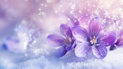 Obraz premium Purple crocus flowers emerging through snow with sparkling bokeh.