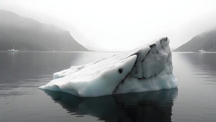 Iceberg in a Fjord on a Foggy Day: Serene Arctic Landscape with Glacial Ice and Distant Boats