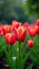Naklejka premium Tulips in a garden with blurry background and raindrops, floral arrangement, garden backdrop, tulip field