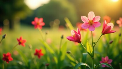Fototapeta premium Tuberose flowers begin to swell and grow from the earth in a sunny meadow, wildflowers, growth