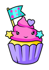 Cupcake in cartoon style. Illustration of cute funny character.