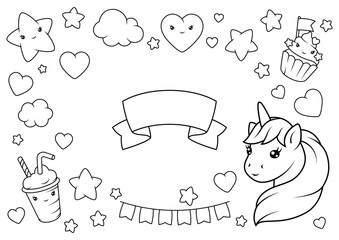 Background with unicorn. Happy birthday party invitation.