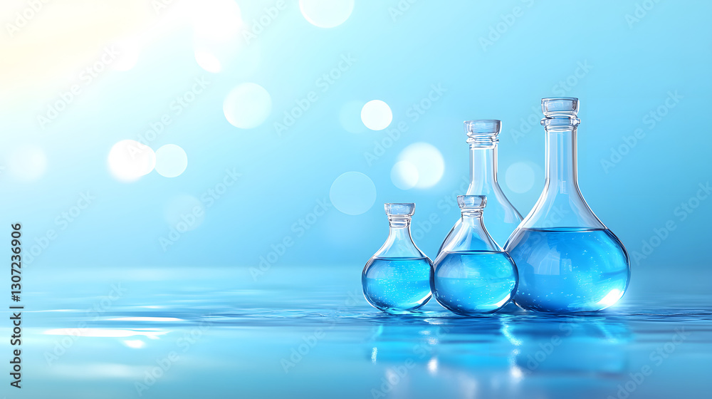Poster three glass flasks filled with blue liquid are placed on a reflective surface, creating a serene and