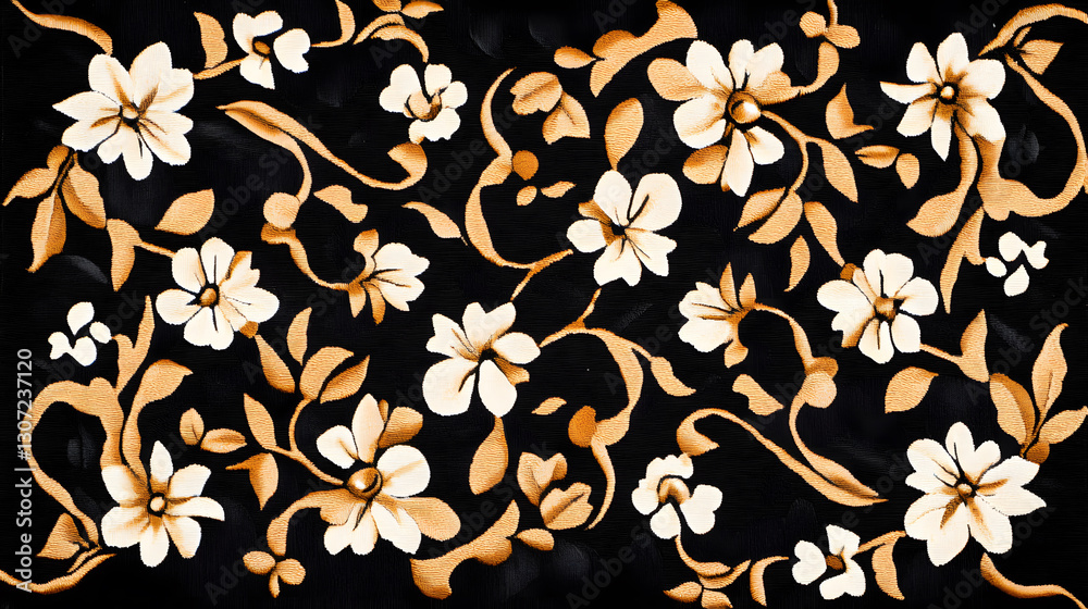 Aufkleber a dark fabric adorned with intricate floral patterns in white and gold, showcasing elegant design an
