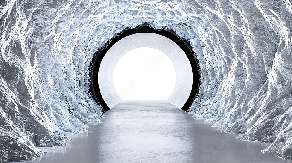 Poster A dimly lit tunnel leads to a bright circular opening, creating a contrast between darkness and light, symbolizing a journey or transition
