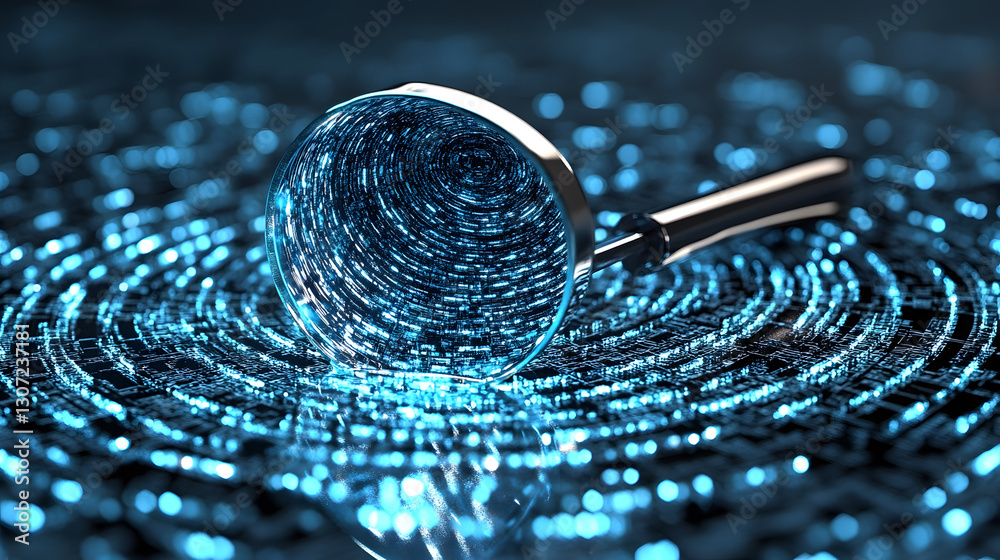 Poster A magnifying glass rests on a surface, reflecting blue light patterns and creating a ripple effect in a serene, digital-inspired environment