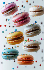 Fototapeta premium Stack brightly colored macarons rising, floating air, in bright white hue. Sweet French sandwich cookies. Concept lightness, uniqueness