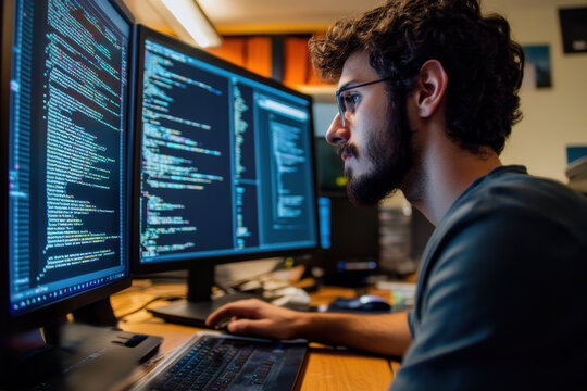 Focused programmer working on code on multiple computer screens