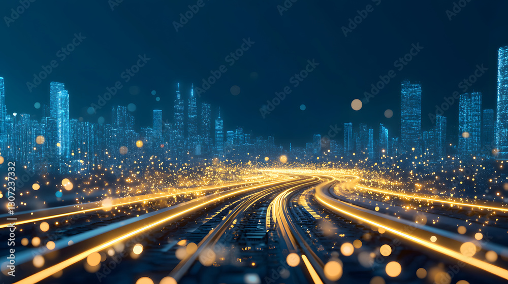 Poster a futuristic cityscape with glowing lights and winding roads, creating a vibrant and dynamic urban a