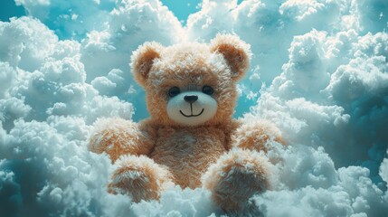 Teddy Bear in Dreamland: A whimsical image of a teddy bear sitting amidst fluffy clouds, evoking feelings of comfort, childhood innocence, and imagination.