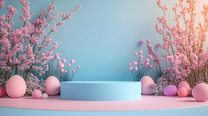 Empty round podium with colorful Easter eggs, spring flowers, and blooming branches in the background. Festive Easter banner for product presentation, seasonal promotions, holiday displays. Copy space