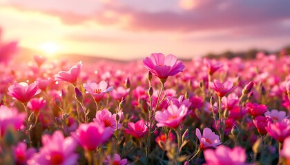 Obraz premium Blooming Pink Flowers in a Field at Sunset Creates Dreamy Scene