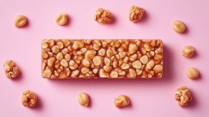 Peanut butter caramel candy bar on pink background.