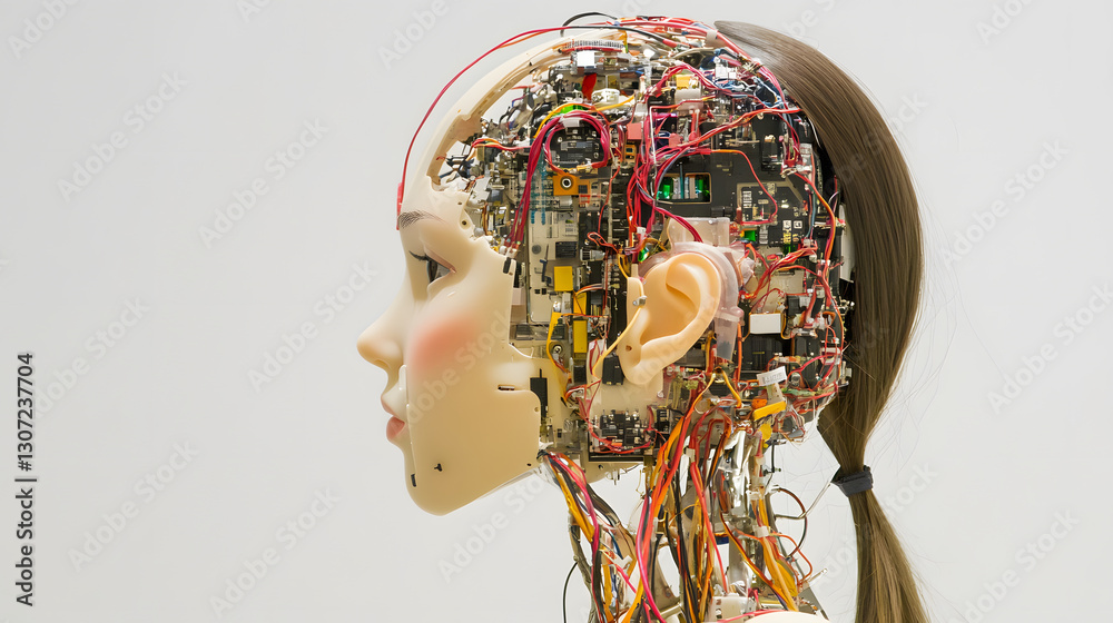 Poster A futuristic robotic head with intricate wiring and circuits, blending human-like features with advanced technology