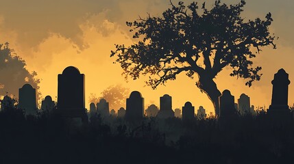 Silhouetted tombstones and a tree set against a warm sunset sky