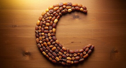 Artistic arrangement of dates forming a crescent shape on a wooden surface
