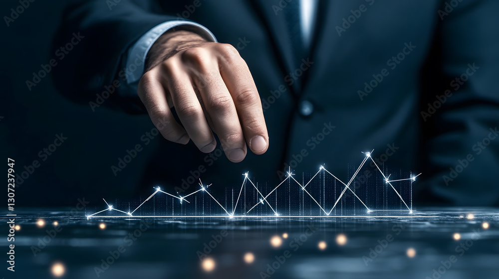 Poster a professional hand interacts with a digital graph, symbolizing data analysis, growth, and financial