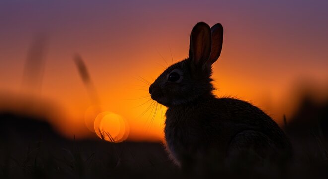 Sunset Silhouette Rabbit in Golden Hour Meadow Grassland