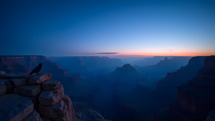 Dramatic twilight landscape of the Grand Canyon, featuring a perched raven, starry skies, scenic overlook