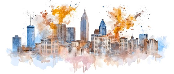 Captivating Abstract Watercolor Painting of Striking Atlanta Skyline with Modern Splashes and Dynamic Cityscape Composition