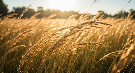 Fototapeta premium Golden wheat field swaying gently in the breeze under a warm sunset glow