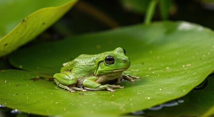 Naklejka premium Green frog resting on a lily pad in a serene pond, surrounded by lush foliage