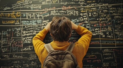 Student analyzing complex equations on black chalkboard classroom educational environment focused viewpoint
