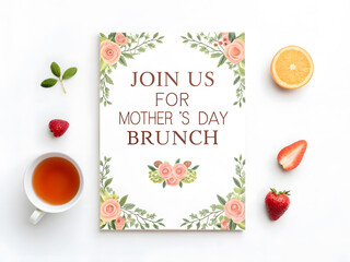 minimalist Mother Day brunch invitation with floral design and fresh fruits